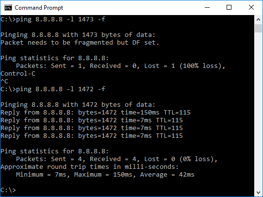 Pinging with a packet size of 1472 fits into the MTU. This is how we find the MTU for the path