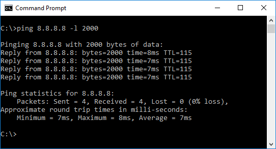 In Windows, the l flag sets the size of the packet, which you need to find the MTU on the network