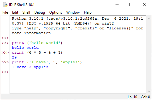 IDLE Shell, with several print statements