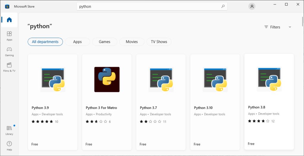 Versions of Python in the Microsoft App Store