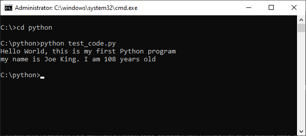 Windows command prompt, running the python file